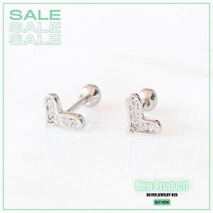 Silver Heart Earrings plated with zircons for women with rhodium plating,